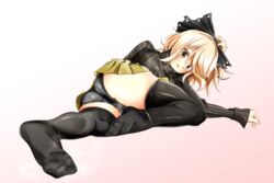  bad_id bad_pixiv_id banned_artist black_legwear black_panties blush from_below kurodani_yamame lying on_side open_mouth panties pantyshot pantyshot_(lying) ribbed_sweater soles solo steam sweater thighhighs touhou tsushima_(kaikyo) underwear 