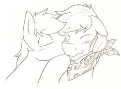  ambiguous_gender bandana blush closed_eyes clothing denzeltip duo earth_pony equid equine feral hasbro hi_res horse kerchief kissing mammal monochrome my_little_pony pony smile 