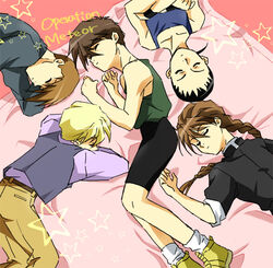  5boys bad_id bad_pixiv_id bed bike_shorts black_hair blonde_hair braid brown_hair chang_wufei closed_eyes crossed_arms duo_maxwell gundam gundam_wing heero_yuy lying male_focus multiple_boys on_bed photoshop_(medium) quatre_raberba_winner shoes single_braid sleeping socks star_(symbol) tktn trowa_barton vest waistcoat 