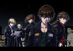  5boys black_eyes black_hair blonde_hair blue_eyes braid brown_hair chang_wufei commentary_request computer duo_maxwell gundam gundam_wing heero_yuy jacket laptop long_hair looking_at_viewer looking_back multiple_boys night ponytail purple_eyes quatre_raberba_winner rei_(usabiba) single_braid sky smile star_(sky) starry_sky trowa_barton 