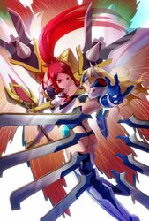  2girls ass battle blazblue blonde_hair blue_eyes commentary_request izayoi_(blazblue) mecha_musume mu-12 multiple_girls red_eyes red_hair shion_(kizuro) 