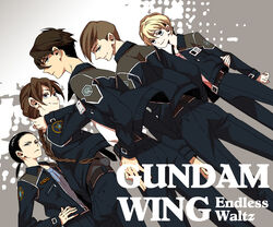  5boys black_eyes black_hair blonde_hair blue_eyes braid brown_hair chang_wufei commentary_request copyright_name duo_maxwell gundam gundam_wing gundam_wing_endless_waltz heero_yuy hoshino_lily jacket long_hair looking_at_viewer looking_back multiple_boys ponytail purple_eyes quatre_raberba_winner single_braid smile trowa_barton 