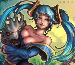  aqua_hair blue_eyes blue_hair breast_press breasts cleavage commentary_request female gradient_hair highres hug kog&#039;maw korean_commentary large_breasts league_of_legends long_hair low_neckline multicolored_hair phantom_ix_row photoshop_(medium) smile sona_(league_of_legends) twintails very_long_hair 