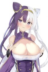  azur_lane bare_shoulders blush breasts cleavage cleavage_cutout clothing_cutout cone_hair_bun dress female hair_between_eyes hair_bun highres kisahipi large_breasts licking_lips long_hair looking_at_viewer multicolored_hair purple_dress purple_eyes purple_hair simple_background smile solo split-color_hair tongue tongue_out twitter_username two-tone_hair upper_body white_background white_hair wide_sleeves ying_swei_(azur_lane) 