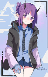  arknights black_jacket black_necktie blue_background blue_gloves blue_shirt blue_skirt blush commentary demon_horns diamond-shaped_pupils diamond_(shape) female gloves hibiscus_(arknights) highres horns jacket looking_at_viewer necktie one-hour_drawing_challenge open_clothes open_jacket pleated_skirt purple_eyes purple_hair shirt short_hair sidelocks skirt smile solo symbol-shaped_pupils tied_hair zuki_zuki_t 