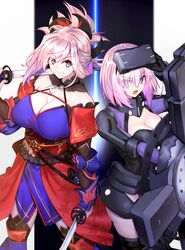  2girls armor armored_leotard bare_shoulders black_armor black_leotard black_thighhighs blue_eyes blue_kimono blush breasts cleavage closed_mouth collar dual_wielding earrings fate/grand_order fate_(series) hair_ornament hair_over_one_eye head-mounted_display highres holding holding_shield japanese_clothes jewelry katana kimono large_breasts leotard light_purple_hair long_hair long_sleeves looking_at_viewer lord_camelot_(fate) magatama mash_kyrielight mash_kyrielight_(ortenaus) metal_collar miyamoto_musashi_(fate) miyamoto_musashi_(second_ascension)_(fate) multiple_girls ninoude_(ninoude44) obi open_mouth pink_hair ponytail purple_eyes sash sheath shield short_hair smile swept_bangs sword thighhighs visor_lift weapon 