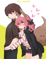  1boy :&lt; animal_ear_fluff animal_ears artist_name black_bow blush bow bra breasts brown_eyes brown_hair cleavage closed_mouth commentary_request couple fate/extra fate/extra_ccc fate_(series) female fox_ears fox_girl fox_tail hair_between_eyes hairbow heart holding_hands hood hoodie kishinami_hakuno_(male) large_breasts long_hair long_sleeves looking_at_another lovestruck open_clothes open_hoodie osakana_(rrg0123) pink_bra pink_hair pink_hoodie short_shorts shorts sidelocks straight striped_clothes striped_hoodie sweatdrop sweater tail tamamo_(fate) tamamo_no_mae_(fate/extra) tamamo_no_mae_(spring_casual)_(fate) tsukumihara_academy_uniform_(fate/extra_ccc) twitter_username underwear white_background white_bow yellow_background yellow_eyes 