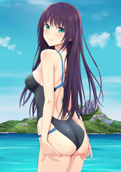  ass ass_support bangs banned_artist black_swimsuit blue_sky breasts closed_mouth cloud commentary_request competition_swimsuit cowboy_shot day female from_behind green_eyes long_hair looking_at_viewer looking_back medium_breasts mountain n.g. one-piece_swimsuit original outdoors purple_hair reward_available sky smile solo standing straight_hair swimsuit water 