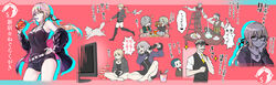  2girls 3boys animal artoria_pendragon_(fate) bare_legs barefoot belt blonde_hair breasts burger canine cavall_the_2nd coat controller cup drinking eating edmond_dantes_(fate) fate/grand_order fate_(series) food fou_(fate) game_controller glasses grey_hair highres holding holding_cup holding_food jacket james_moriarty_(archer)_(fate) jeanne_d&#039;arc_alter_(fate) jeanne_d&#039;arc_alter_(ver._shinjuku_1999)_(fate) long_hair looking_at_viewer multiple_boys multiple_girls official_alternate_costume playing_games ponytail saber_alter saber_alter_(ver._shinjuku_1999)_(fate) samoyed_(dog) sherlock_holmes_(fate) shirt short_hair shorts sitting smile suishougensou 