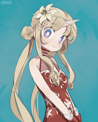  alternate_costume blonde_hair blue_background breasts bright_pupils civia commentary dress english_commentary female flower hair_bun hair_flower hair_ornament halterneck hands_in_pockets highres hololive hololive_china horns onionsketch purple_eyes red_dress simple_background single_hair_bun single_horn small_breasts smile solo twintails unicorn_girl virtual_youtuber white_pupils yellow_flower 