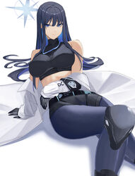  absurdres armband bare_shoulders belt black_belt black_gloves black_shirt blue_archive blue_eyes blue_hair blue_pants breasts coat commentary crop_top feet_out_of_frame female gloves halo highres large_breasts leggings long_hair long_sleeves looking_at_viewer midriff no_headwear off_shoulder open_clothes open_coat pants ref_(pmxt4483) saori_(blue_archive) shirt simple_background smile solo stomach thighs white_background white_coat 