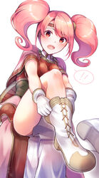  ! !! armor boots breastplate cape dress dressing female fire_emblem fire_emblem_echoes:_shadows_of_valentia highres long_hair mae_(fire_emblem) open_mouth pink_hair putting_on_boots putting_on_shoes red_eyes simple_background solo surprised tarayuki teeth twintails white_background white_footwear 