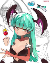  2boys bad_id bad_twitter_id black_leotard breasts buttons cleavage clenched_hand collarbone crayon devil_may_cry_(series) doctor_doom english_commentary fantastic_four female green_hair head_wings highres hood large_breasts leotard long_hair looking_at_viewer low_wings marker marvel marvel_vs._capcom marvel_vs._capcom_3 mask morrigan_aensland multiple_boys onionsketch open_hand parted_lips tape vampire_(game) vergil_(devil_may_cry) wings yellow_eyes 