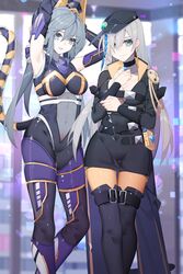  2girls arms_behind_head arms_up belly belt black_legwear blue_eyes blue_hair bodysuit braid breasts cape chinese_commentary choker duel_monster earrings elbow_gloves fake_tail feet_out_of_frame glint gloves grey_eyes grey_hair hair_over_one_eye hat highres i:p_masquerena jewelry leg_belt long_hair medium_breasts multicolored_hair multiple_girls nami_qi navel official_alternate_costume pantyhose parted_lips single_braid tail thighhighs two-tone_hair witchcrafter_haine yu-gi-oh! 