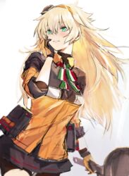  bike_shorts blonde_hair blue_eyes breasts commentary cowboy_shot female frying_pan girls&#039;_frontline gloves hair_between_eyes hairband hand_on_own_cheek hand_on_own_face holding holding_frying_pan italian_flag_print jacket light_smile long_hair messy_hair neck_ribbon nin_(lion) pleated_skirt print_ribbon ribbon s.a.t.8_(girls&#039;_frontline) shorts shorts_under_skirt skirt small_breasts solo white_background yellow_hairband 