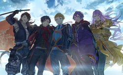  5boys ^_^ absurdres aqua_eyes armor black_gloves black_hair blonde_hair blue_eyes brown_hair closed_eyes cloud cloudy_sky collared_shirt epaulettes gloves grin hachisuka_kotetsu hachisuka_kotetsu_(kiwame) hakama hataya headband highres jacket jacket_on_shoulders japanese_armor japanese_clothes kasen_kanesada kasen_kanesada_(kiwame) kashuu_kiyomitsu kashuu_kiyomitsu_(kiwame) katana kote light_purple_hair long_hair making-of_available male_focus mole mole_under_mouth multiple_boys mutsu-no-kami_yoshiyuki mutsu-no-kami_yoshiyuki_(kiwame) necktie open_mouth ponytail purple_hair red_eyes red_scarf scarf sheath sheathed shirt shoulder_armor sky smile sode sword touken_ranbu weapon yamanbagiri_kunihiro yamanbagiri_kunihiro_(kiwame) 