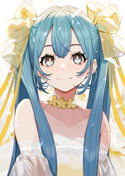  :3 absurdres bare_shoulders blue_eyes blue_hair bow closed_mouth collarbone commentary detached_sleeves eyelashes female flower hairbow hatsune_miku highres long_hair long_sleeves looking_at_viewer see-through see-through_bow smile solo twintails upper_body vocaloid white_background yellow_bow yellow_flower yuu_(higashi_no_penguin) 