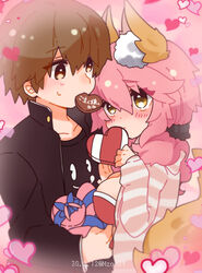  1boy :&lt; animal_ear_fluff animal_ears artist_name black_coat black_hairband black_shirt blush box breasts brown_eyes brown_hair chocolate closed_mouth coat collarbone commentary_request couple fate/extra fate/extra_ccc fate_(series) female fox_ears fox_girl fox_tail hair_between_eyes hairband heart heart-shaped_box holding holding_box hood hoodie kishinami_hakuno_(male) large_breasts long_hair looking_at_another osakana_(rrg0123) pink_hair pink_hoodie shirt straight sweat tail tamamo_(fate) tamamo_no_mae_(fate/extra) tamamo_no_mae_(spring_casual)_(fate) tsukumihara_academy_uniform_(fate/extra_ccc) twitter_username upper_body valentine yellow_eyes 