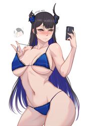  absurdres artist_name asymmetrical_horns bikini black_hair blue_bikini blue_hair blush breasts cameltoe cellphone collarbone colored_inner_hair commentary contrapposto demon_horns english_commentary female highres holding holding_phone hololive hololive_english horns large_breasts long_hair mole mole_under_eye multicolored_hair myth1carts navel nerissa_ravencroft phone red_eyes shiori_novella signature simple_background smartphone solo stomach strap_lift swimsuit uneven_horns very_long_hair virtual_youtuber white_background 