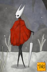  anthro arthropod black_body cavern cloak cloak_only clothing female fossil gold_button hi_res hollow_knight hornet_(hollow_knight) hybrid insects melee_weapon mouthless nail_(weapon) poncho red_clothing snow solo team_cherry the_nameless_guy weapon white_head 