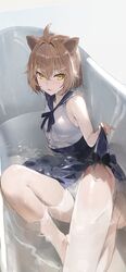  absurdres ahoge animal_ears bare_legs barefoot bathtub blue_sailor_collar blue_skirt blush brown_hair clothed_bath crossed_bangs female hair_between_eyes hair_intakes highres indie_virtual_youtuber lion_ears logknn looking_at_viewer parted_lips partially_submerged rurudo_lion rurudo_lion_(2nd_costume) sailor_collar shirt skirt sleeveless sleeveless_shirt solo virtual_youtuber water white_shirt yellow_eyes 