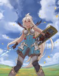  absurdres armor armored_dress blue_dress breastplate breasts dark-skinned_female dark_skin day dress female granblue_fantasy granblue_fantasy_versus hair_between_eyes highres long_hair quatthro red_eyes shield sky sleeveless sleeveless_dress solo sword thighhighs very_long_hair weapon white_hair zooey_(granblue_fantasy) 