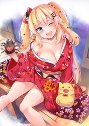  ;d akai_haato alternate_costume animal arm_support black_flower black_rose blonde_hair blue_eyes blush bow breasts bug cleavage collarbone commentary_request feet_out_of_frame female floral_print flower haaton_(akai_haato) hair_flower hair_ornament hairbow hairclip head_tilt heart heart_hair_ornament highres holding holding_animal hololive japanese_clothes kimono konka large_breasts long_hair looking_at_viewer nail_polish new_year obi off_shoulder official_alternate_hairstyle one_eye_closed open_mouth print_kimono red_bow red_kimono red_nails rose sash sleeves_past_wrists smile spider two_side_up very_long_hair virtual_youtuber wide_sleeves x_hair_ornament 