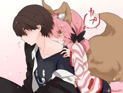  1boy animal_ear_fluff animal_ears artist_name biting black_bow black_shirt blush bow brown_eyes brown_hair collarbone commentary_request eyebrows_hidden_by_hair eyelashes fate/extra fate/extra_ccc fate_(series) female fingernails fox_ears fox_girl fox_tail hair_between_eyes hairbow hood hoodie kishinami_hakuno_(male) long_hair long_sleeves looking_away neck_biting open_clothes open_shirt osakana_(rrg0123) pink_hair pink_hoodie shirt sidelocks sitting sparkle straight striped_clothes striped_hoodie tail tamamo_(fate) tamamo_no_mae_(fate/extra) tamamo_no_mae_(spring_casual)_(fate) tsukumihara_academy_uniform_(fate/extra_ccc) twitter_username yellow_eyes 