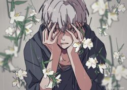  1boy absurdres alstroemeria_(flower) black_hoodie blurry blurry_foreground collarbone commentary flower grey_background grey_eyes grey_hair hands_on_own_cheeks hands_on_own_face hands_up highres hood hood_down hoodie kankara_nashi looking_at_viewer male_focus original parted_lips rain short_hair sleeves_rolled_up solo twitter_username upper_body white_flower 