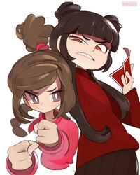  2girls annoyed artist_name avatar:_the_last_airbender avatar_legends braid braided_ponytail brown_eyes card clenched_hands double_bun grey_eyes hair_bun highres holding holding_card mai_(avatar) multiple_girls onionsketch parted_lips pink_sweater red_sweater smile sweater ty_lee v-shaped_eyebrows 