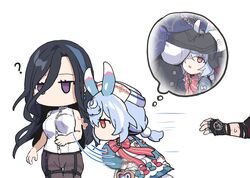  1boy 2girls ? absurdres black_hair blue_hair breasts brown_pantyhose chibi clorinde_(genshin_impact) commentary dress english_commentary fingerless_gloves genshin_impact gloves hat height_difference highres jitome long_hair long_sleeves motion_blur motion_lines multicolored_hair multiple_girls no_pants pantyhose purple_eyes red_eyes sakana_(fishchunk) shirt sigewinne_(genshin_impact) simple_background slapping slapping_breasts thought_bubble two-tone_hair unaligned_breasts white_background white_shirt wriothesley_(genshin_impact) 