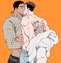  2boys back_tattoo bad_id bad_twitter_id balnom bara bare_back clothes_lift clothes_pull couple cowboy_shot dark-skinned_male dark_skin ear_piercing foreplay glasses gukhyeon_(balnom) highres jiseung_(balnom) kissing light_blush male_focus mature_male multicolored_hair multiple_boys muscular muscular_male original pants pants_pull partially_undressed piercing profile purple_hair shirt_lift short_hair sparse_stubble standing tattoo thick_eyebrows three_quarter_view two-tone_hair undressing unworn_eyewear yaoi 