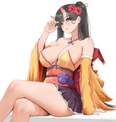  azur_lane bare_shoulders black_hair blue_eyes blush breasts commentary commission detached_sleeves english_commentary female flower hair_flower hair_ornament hickey highres horns japanese_clothes large_breasts long_hair long_sleeves looking_at_viewer medium_breasts official_alternate_costume oni pleated_skirt ponytail purple_eyes ryuuhou_(azur_lane) ryuuhou_(firebird&#039;s_new_year_dance)_(azur_lane) sidelocks sitting skirt thighs yunareas 