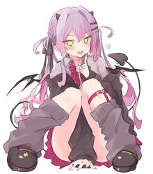  :d alternate_costume arm_between_legs black_cardigan blush bow bowtie cardigan collared_shirt female finger_to_cheek full_body green_eyes grey_socks highres hololive knees_together_feet_apart knees_up legs long_hair long_sleeves looking_at_viewer loose_socks multicolored_hair nekonika_(e102k) open_cardigan open_clothes open_mouth pink_hair plaid plaid_bow plaid_bowtie purple_hair red_bow red_bowtie shirt simple_background sitting smile socks solo tail thighs tokoyami_towa twintails two-tone_hair two_side_up virtual_youtuber white_background white_shirt 