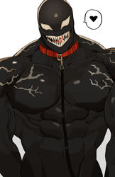  1boy abs alien animal_collar bald bara black_skin collar colored_skin gomihebi heart highres large_pectorals leash looking_at_viewer male_focus marvel muscular muscular_male no_pupils pectorals saliva sharp_teeth simple_background solo teeth tongue tongue_out upper_body veins venom_(marvel) white_background 