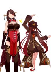  2girls beidou_(genshin_impact) black_hair breast_envy breasts brown_hair chinese_clothes cleavage closed_eyes commentary_request eyepatch genshin_impact hair_between_eyes hair_ornament hair_over_one_eye hairpin hat highres hu_tao_(genshin_impact) jealous long_hair long_sleeves looking_at_another multiple_girls porkpie_hat sidelocks simple_background slapping_breasts sleeveless twintails white_background yasehattagi 