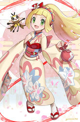  blonde_hair braid commentary_request crown_braid eyelashes female floating_hair floral_print flower gonzarez green_eyes hair_flower hair_ornament highres holding japanese_clothes kimono light_blush lillie_(new_year&#039;s_2021)_(pokemon) lillie_(pokemon) long_hair new_year official_alternate_costume open_mouth pokemon pokemon_(creature) pokemon_masters_ex ponytail ponytail_with_braided_base ribombee sandals sash smile 