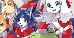  2girls 4boys :3 alternate_costume animal_ear_fluff animal_ears animal_nose aqua_eyes bandana bird_boy blue_eyes blue_fur blue_gemstone blush body_fur buck_teeth capelet christmas circlet claws closed_eyes colored_skin commentary_request cropped crossed_arms crystal dog_ears dog_girl falco_lombardi fay_spaniel fox_boy fox_girl fox_mccloud frog_boy fur-trimmed_capelet fur-trimmed_headwear fur-trimmed_sleeves fur_trim furry furry_female furry_male gem green_eyes green_skin hair_ribbon hair_tubes hands_on_another&#039;s_shoulder hands_up happy hat high_collar indoors interlocked_fingers jacket jpeg_artifacts krystal light_blush long_sleeves multicolored_hair multiple_boys multiple_girls namagaki_yukina nose_blush open_clothes open_jacket open_mouth own_hands_together peppy_hare pom_pom_(clothes) rabbit_boy rabbit_ears red_capelet red_eyes red_headwear red_ribbon red_shirt ribbon santa_hat shirt sitting slippy_toad smile snout standing star_fox star_fox_2 star_fox_assault sweat teeth thick_eyebrows two-tone_fur two-tone_hair upper_body white_fur white_jacket 