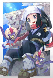  :d akari_(pokemon) bad_id bad_pixiv_id black_hair blush border cloud commentary_request day eyelashes female grey_eyes head_scarf highres jacket lens_flare long_hair loose_socks open_mouth outdoors pantyhose pokemon pokemon_(creature) pokemon_legends:_arceus ponytail red_scarf rufflet scarf shirt shoes sidelocks sitting skirt sky smile socks teeth tongue umiru upper_teeth_only white_border white_headwear 