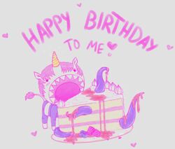  ambiguous_gender berry birthday birthday_cake blueberry_(fruit) blush cake celebration clothed clothing dairy_products dessert digital_media_(artwork) english_text equid equine food fruit glistening hair heart_symbol horn humanoid jelly_(food) konani mammal mythological_creature mythological_equine mythology open_mouth pastel_theme pink_hair plant plate purple_tentacles raspberry shark_teeth simple_background slightly_chubby solo sparkles teeth_showing tentacle text unicorn unicorn_horn unicorn_tail whipped_cream yellow_horn 