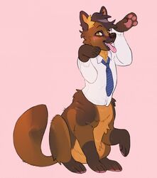  2018 andromorph_(lore) aperio_cavus_(xpsm140) blue_necktie blush blush_lines bottomless bottomless_male bottomless_taur brown_body brown_fur canid canid_taur canine canine_taur canis clothed clothed_taur clothing countershade_torso countershading digital_drawing_(artwork) digital_media_(artwork) dog_taur domestic_dog dress_shirt eyebrows fangs full-length_portrait fur german_shepherd gloves_(marking) herding_dog hi_res inner_ear_fluff leg_markings looking_at_viewer male mammal mammal_taur markings megumigoo necktie open_mouth pastoral_dog pawpads pink_background pink_pawpads playful portrait quadruped raised_foreleg shirt simple_background sitting socks_(marking) solo taur teeth tongue tongue_out topwear topwear_only tuft white_clothing white_shirt white_topwear yellow_eyes 