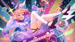  ;d absurdres ankle_strap black_footwear bob_cut breasts cassette_tape cross-shaped_pupils disco_ball famicom female floating_hair frilled_shirt frilled_sleeves frilled_thighhighs frills full_body game_console gears gradient_eyes grid grid_background hair_ribbon helmet high_heels highres holding holding_microphone_stand kino_(nebula_beat) long_sleeves lying microphone_stand multicolored_eyes nebula_beat neck_ribbon neon_palette official_art one_eye_closed orange_hair outstretched_arm pixelated planet puffy_long_sleeves puffy_sleeves purple_eyes purple_ribbon purple_skirt ribbon rocket see-through see-through_skirt shirt short_hair skirt small_stellated_dodecahedron smile solo space_helmet sparkle sparkle_background sparkling_eyes star_(symbol) stellated_octahedron suspender_skirt suspenders symbol-shaped_pupils tape_recorder thigh_strap thighhighs ufo v_over_eye virtual_youtuber white_shirt white_thighhighs zettai_ryouiki 