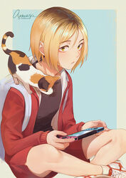  1boy animal_on_shoulder antweiyi artist_name blonde_hair blue_background cat_on_shoulder commentary crossed_ankles feline haikyuu!! jacket kozume_kenma long_sleeves male_focus md5_mismatch nintendo_switch photoshop_(medium) red_jacket shoes shorts signature sitting sneakers yellow_eyes 