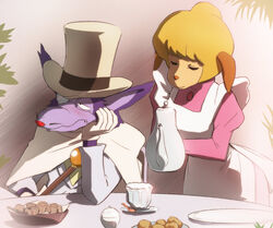  1980s_(style) 1boy animal_ears animal_nose apron bad_source blonde_hair brooch cape closed_mouth dog_ears dog_girl dress female food formal furry furry_female furry_male gloves hair_bun haruyama_kazunori hat jewelry marie_hudson meitantei_holmes professor_moriarty_(meitantei_holmes) puffy_sleeves retro_artstyle short_hair single_hair_bun smile suit top_hat white_gloves 