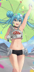  absurdres aqua_eyes aqua_hair armpits bare_arms bare_legs black_choker breasts choker commentary confetti cowboy_shot double_bun female flame_print gloves goodsmile_racing green_umbrella hair_between_eyes hair_bun half_gloves hand_up hatsune_miku highres holding holding_umbrella logo long_hair navel open_mouth pouch race_queen racing_miku racing_miku_(2022) short_shorts shorts sleeveless smiley_face solo sparkle stomach teeth torn_flipper twintails umbrella vocaloid 