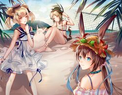  3girls :d amiya_(arknights) animal_ears aqua_eyes arknights arm_strap bare_arms bare_shoulders beach bear_ears bikini blonde_hair blue_choker blue_ribbon blue_sailor_collar brown_hair candy_hair_ornament chinese_commentary choker commentary_request dress ears_through_headwear feet_out_of_frame flower food-themed_hair_ornament from_behind goggles goggles_on_headwear gummy_(arknights) gummy_(summer_flowers)_(arknights) hair_between_eyes hair_ornament hairclip hand_up hat hat_flower hat_ribbon highres holding ifrit_(arknights) ifrit_(sunburn)_(arknights) long_hair looking_at_viewer looking_back low_ponytail material_growth mini_hat multiple_girls ocean off-shoulder_shirt off_shoulder official_alternate_costume open_mouth orange_eyes oripathy_lesion_(arknights) outdoors parted_lips pink_shirt puffy_sleeves puruii rabbit_ears red_flower ribbon sailor_collar sailor_dress sand_sculpture shirt short_dress short_hair sleeveless sleeveless_dress smile standing sun_hat swimsuit tail thighs twintails upper_body water white_bikini white_dress 