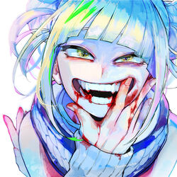  bags_under_eyes blonde_hair blood blood_in_mouth blood_on_clothes blood_on_face blood_on_hands blood_on_teeth blunt_bangs boku_no_hero_academia commentary double_bun english_commentary fangs female hair_bun hand_on_own_face highres open_mouth simple_background smile teeth toga_himiko twitter_username unou_(unou_mha) white_background yellow_eyes 