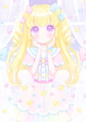  :o blonde_hair blue_bow blush bow commentary_request curtains dress female hair_ornament hairbow hands_up highres himetsuki_luna idol_time_pripara long_hair parted_lips pink_bow pink_dress pretty_series pripara purple_eyes ringlets solo star-shaped_pupils star_(symbol) star_hair_ornament symbol-shaped_pupils transparent two_side_up very_long_hair window yumekawa_yui 