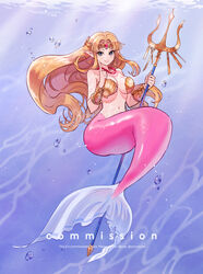  air_bubble alternate_costume artist_name blonde_hair breasts bubble circlet cleavage clip_studio_paint_(medium) commission earrings female full_body gem highres holding holding_polearm holding_trident holding_weapon jewelry large_breasts long_hair looking_at_viewer mermaid monster_girl monsterification navel pearl_(gemstone) pointing pointy_ears polearm princess_zelda seashell shell shell_bikini sideboob smile solo sumustard the_legend_of_zelda the_legend_of_zelda:_a_link_between_worlds trident triforce_earrings underwater watermark weapon 