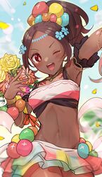  :d beads blush commentary_request crop_top dark-skinned_female dark_skin female fire_emblem fire_emblem_engage flower hair_beads hair_flower hair_ornament highres holding holding_flower jewelry looking_at_viewer midriff navel one_eye_closed open_mouth ponytail sakura_no_yoru skirt smile solo timerra_(fire_emblem) very_dark_skin 